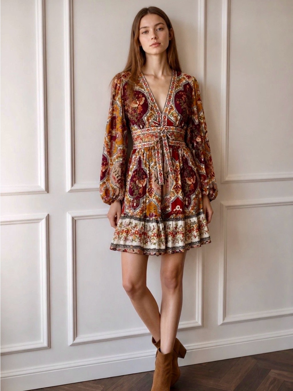 Caroline Constas Boho Floral Bird Paisley Wide Long Sleeve V-Neck Mini Dress - S